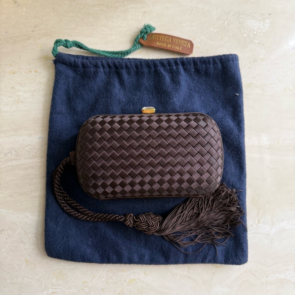 Bottega Veneta Dark Brown Intrecciato Tassel Knot Clutch